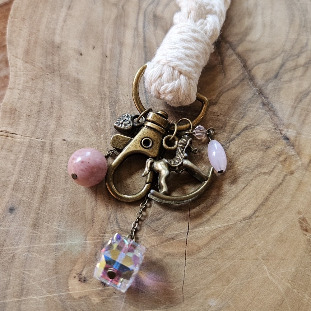 Handmade Boho Shimmering Rocking Horse Macrame Keychain with Rhodonite Gemstone